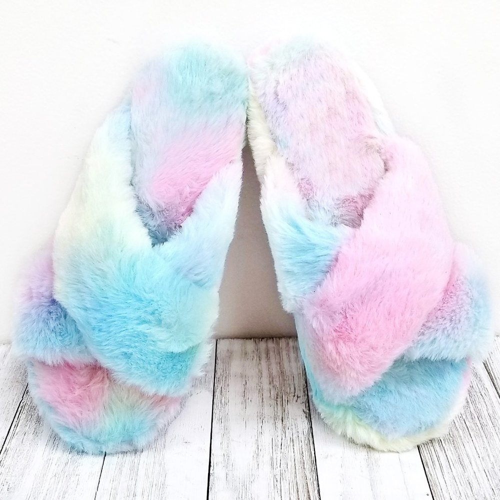 New Rainbow Fuzz Faux Fur Slipper Slides Sandals